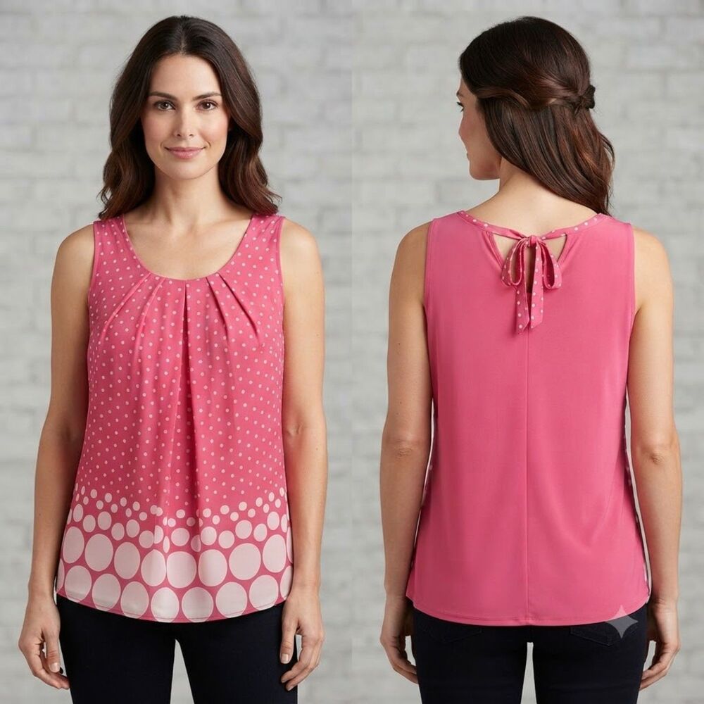 ELLE Pink & White Polka Dot Ombre Pleated Sleeveless Tank Top Blouse Size Large